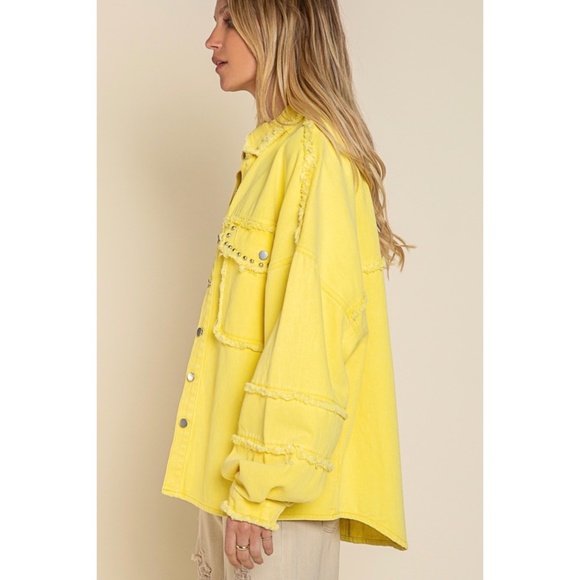 POL Yellow Raw Edge Reverse Seam Denim Shacket - Picture 4 of 8